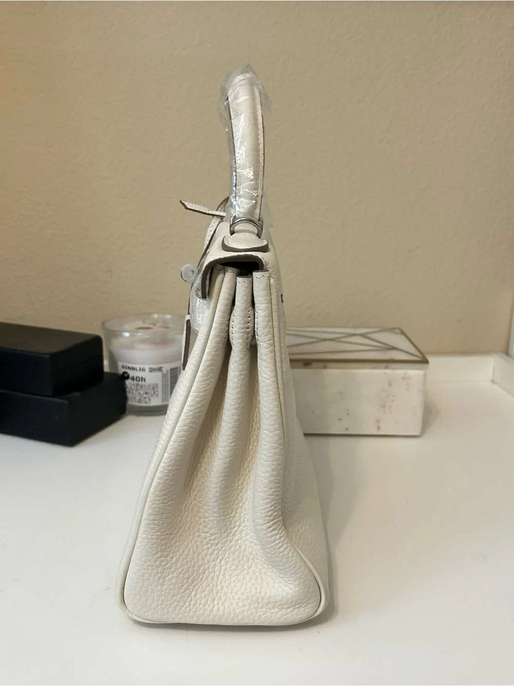 28cm Silver on Cream Top Handle Leather Satchel KL Style